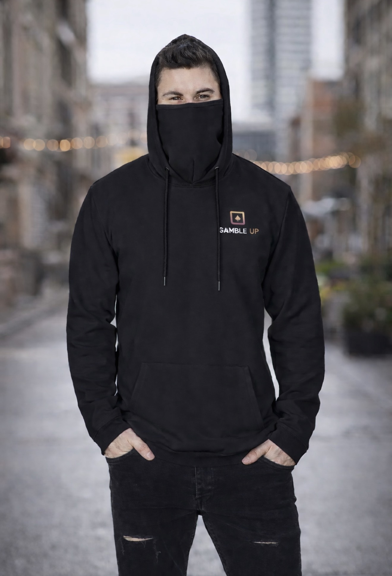 Gamble Up Men’s Pullover Hoodie with Built-In Mask